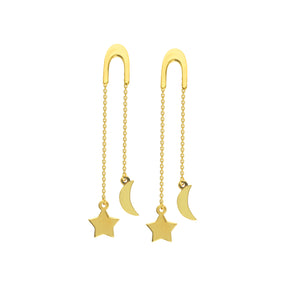 14K Gold U Shape Front Threaders with Dangle Moon and Star Earrings
