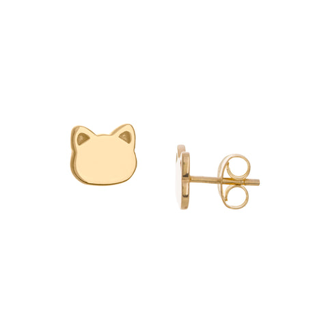 14K Solid Yellow Gold Mini Cat Face Shape Stud Earring