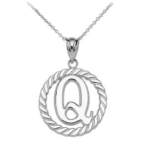 Sterling Silver "Q" Initial in Rope Circle Pendant Necklace