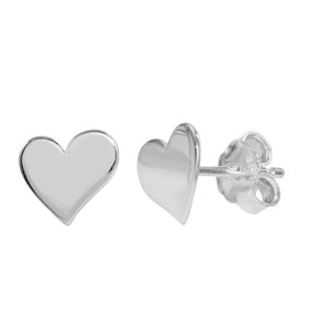 Sterling Silver 925 Rhodium Plated Flat Heart Stud Earrings