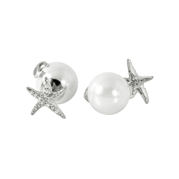 Sterling Silver 925 Rhodium Plated Starfish Pearl Stud Earrings