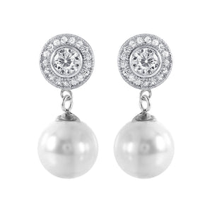 Sterling Silver 925 Rhodium Plated Pearl CZ Cluster Earrings