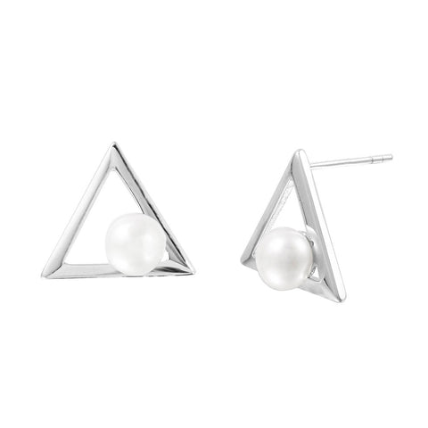 Sterling Silver 925 Rhodium Plated Open Triangle Fresh Water Pearl Stud Earrings