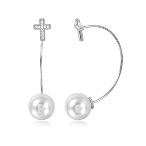 Sterling Silver 925 Rhodium Plated Cross Earrings with Hanging Synthetic Pearl