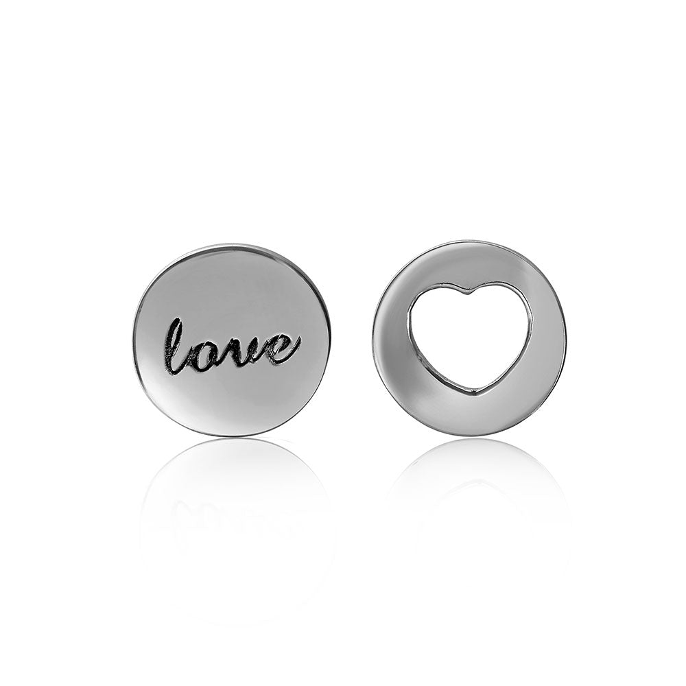 Sterling Silver 925 Rhodium Plated Love and Heart Stud Earrings
