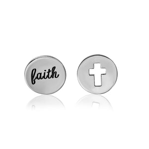 Sterling Silver 925 Rhodium Plated Faith and Cross Stud Earrings