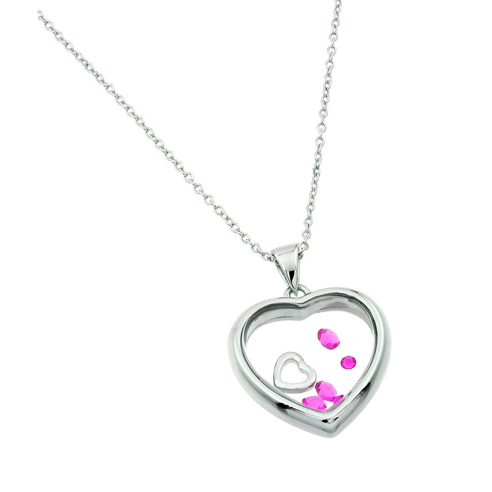 925 Sterling Silver Rhodium Plated Birthstone Heart Pendant - October - Rose
