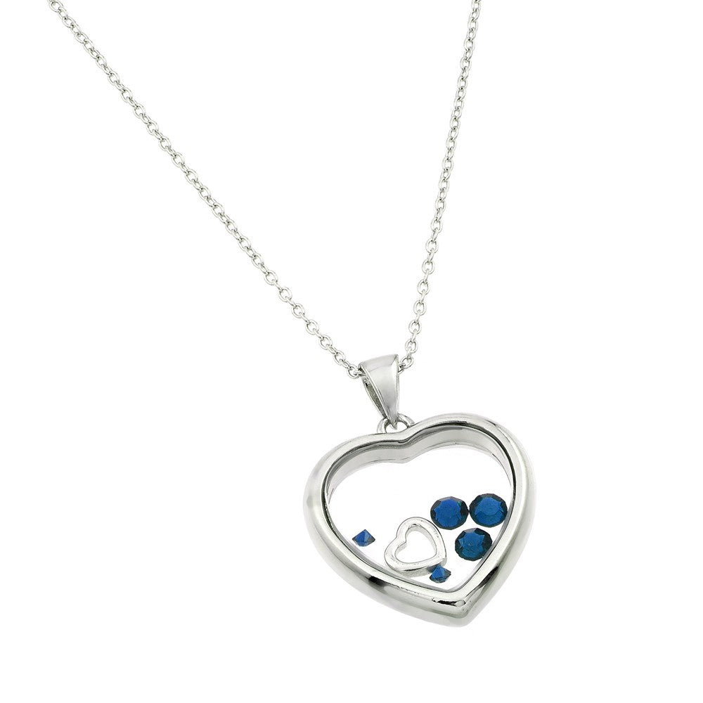 925 Sterling Silver Rhodium Plated Birthstone Heart Pendant - September - Sapphire