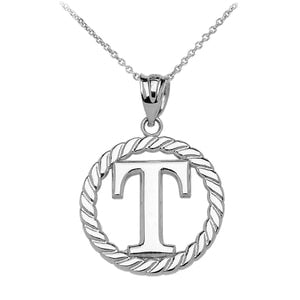 Sterling Silver "T" Initial in Rope Circle Pendant Necklace
