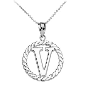 Sterling Silver "V" Initial in Rope Circle Pendant Necklace