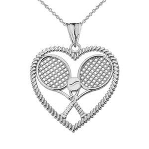 Detailed Sports Tennis Rackets Heart Pendant Necklace in Sterling Silver