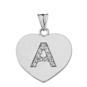 Cubic Zirconia Initial "A" Heart Pendant Necklace in Sterling Silver