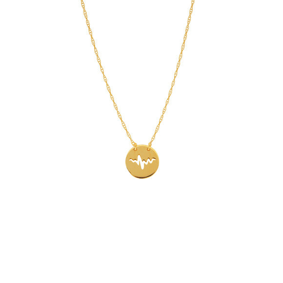 14K Yellow Gold Mini Disk Cut Out Heartbeat Necklace with Rope Chain