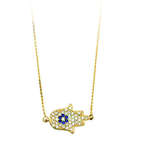14K Yellow Gold E2W CZ Hamsa Hand Necklace with adjustable Chain