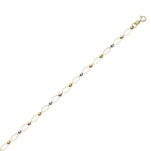 14K Gold Open Oval Tricolor Beads Anklet