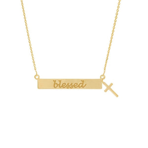 14K Yellow Gold Engraved Blessed Bar Dangle Cross Necklace