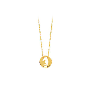 14K Yellow Gold Mini Disk Cut Out Seahorse Rope Chain Adjustable Necklace