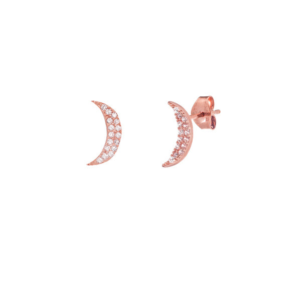 14K Rose Gold Mini Crescent Moon CZ Stud Earrings
