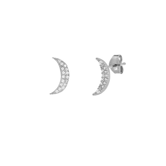 14K White Gold Mini Crescent Moon CZ Stud Earrings