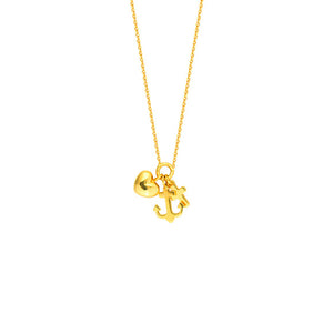 14K Yellow Gold Mini Heart Anchor Cross Charm Adjustable Necklace