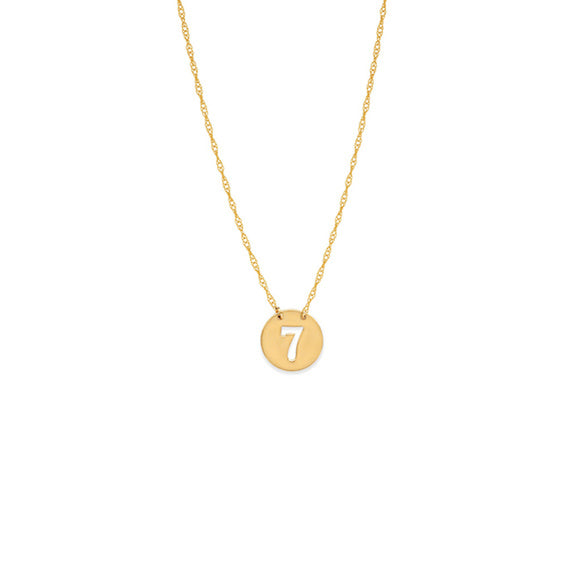 14K Yellow Gold Mini Disk Cut Out Number Seven 7 Rope Chain Adjustable Necklace