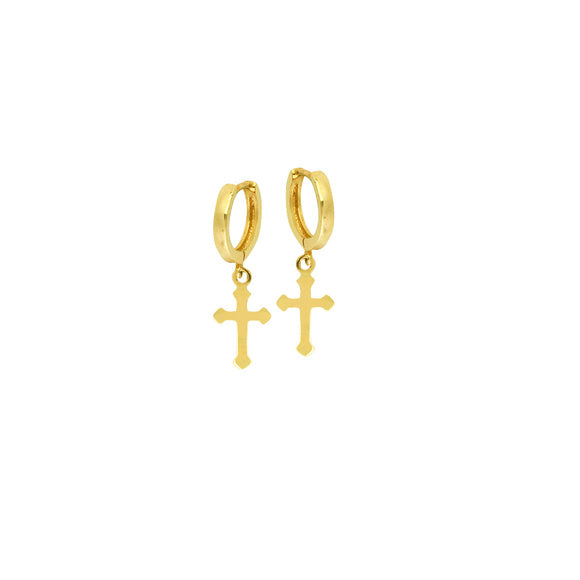 14K Yellow Gold Baby Hoop Dangle Cross Earrings