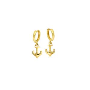 14K Yellow Gold Baby Hoop Dangle Anchor Earrings