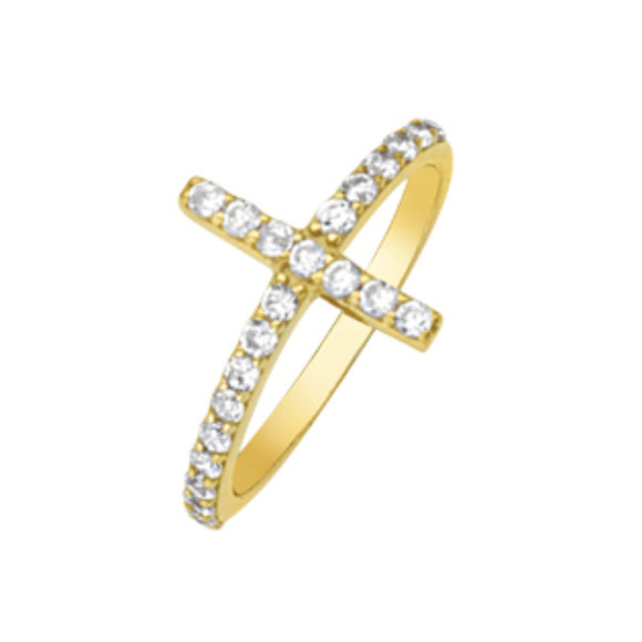 14K Yellow Gold CZ Cross Ring (more color)