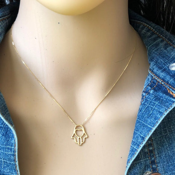 14K Yellow Gold Wire Hamsa Hand Necklace with adjustable Chain