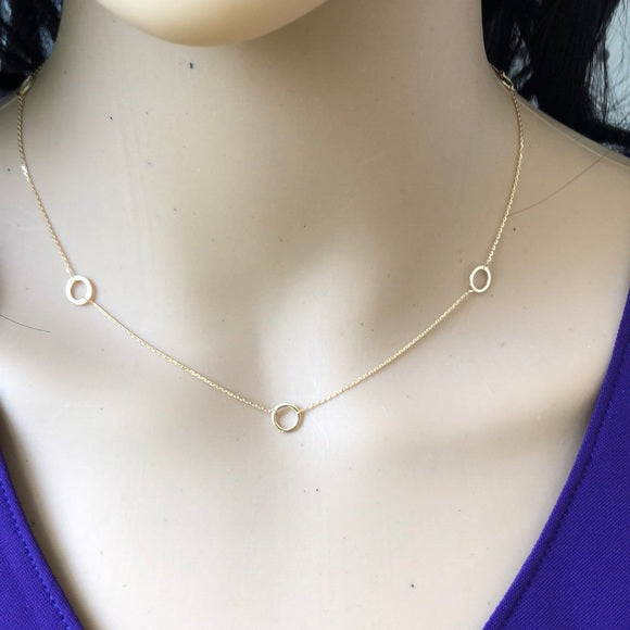 14K Yellow Gold 7 pieces Open Circle Station Adjustable Necklace