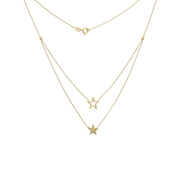14K Yellow Gold Duo Open and Solid Star Necklace with Adjustable Chain