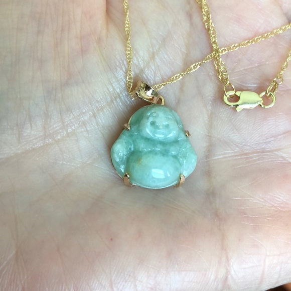 14K Yellow Gold Happy Laughing Buddha Natural Jade Religious Pendant/Necklace - P665 Kid Size