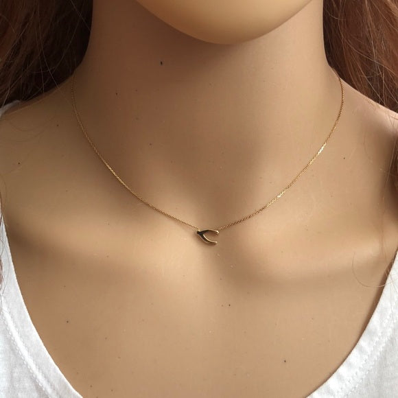 14K Yellow Gold Mini Wish Bone Necklace with Adjustable Cable Chain