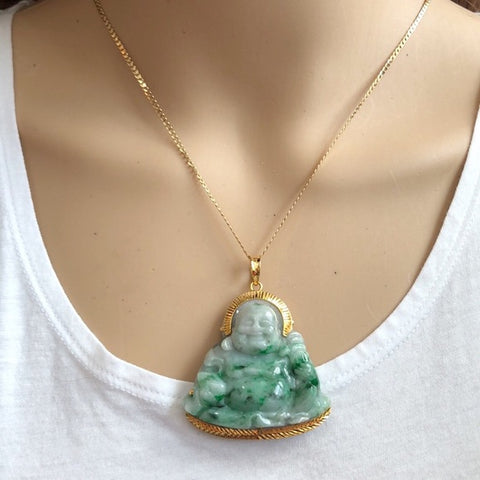 14K Solid Gold Happy Laughing Buddha Natural Green Jade Religious Pendant