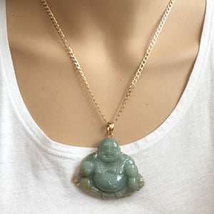 14K Solid Gold Happy Laughing Buddha Natural Green Jade Religious Pendant - P287