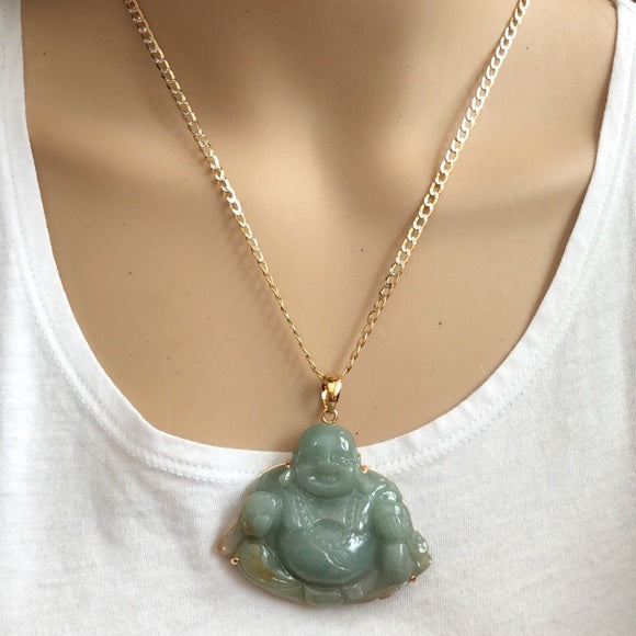 14K Solid Gold Happy Laughing Buddha Natural Green Jade Religious Pendant - P287