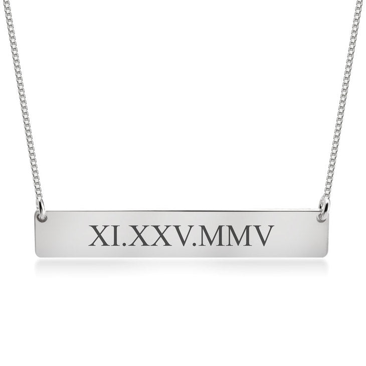 Personalized Sterling Silver Roman Numeral Date Bar Necklace (more colors)