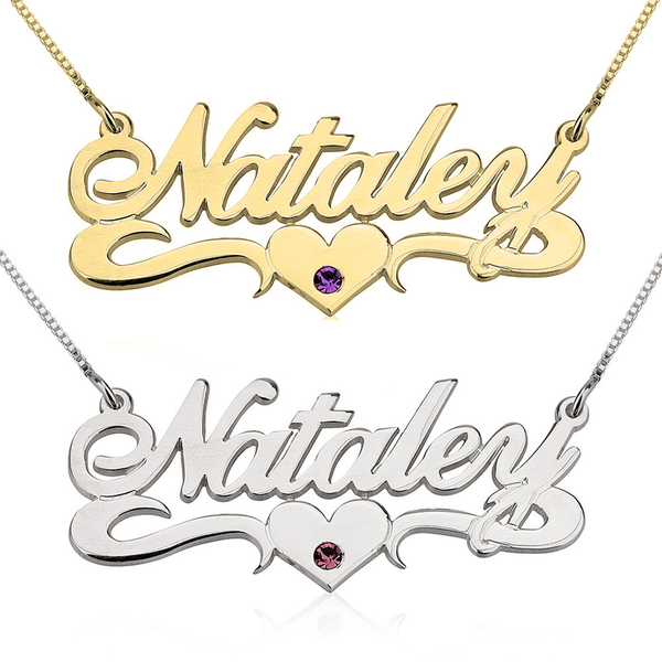 Personalized Sterling Silver Name Plate Birthstone Necklace