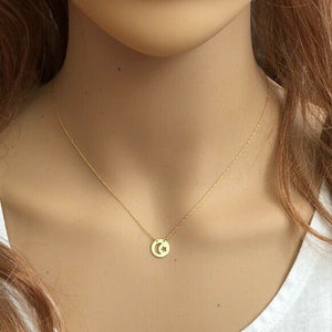 14K Yellow Gold Mini Dics. Cut-out Moon Star Dainty Necklace - Minimalist