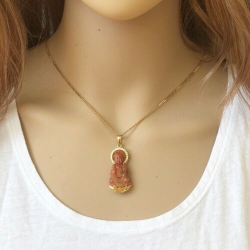 14K Yellow Gold Lady Kwan Yin Buddha Natural Red Jade Religious Pendant - P517