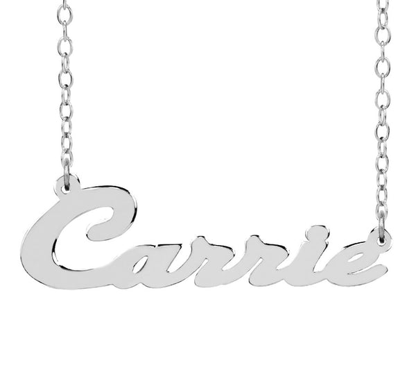 Personalized Sterling Silver Dainty Name Plate Necklace in "Carrie" Script (more colors)